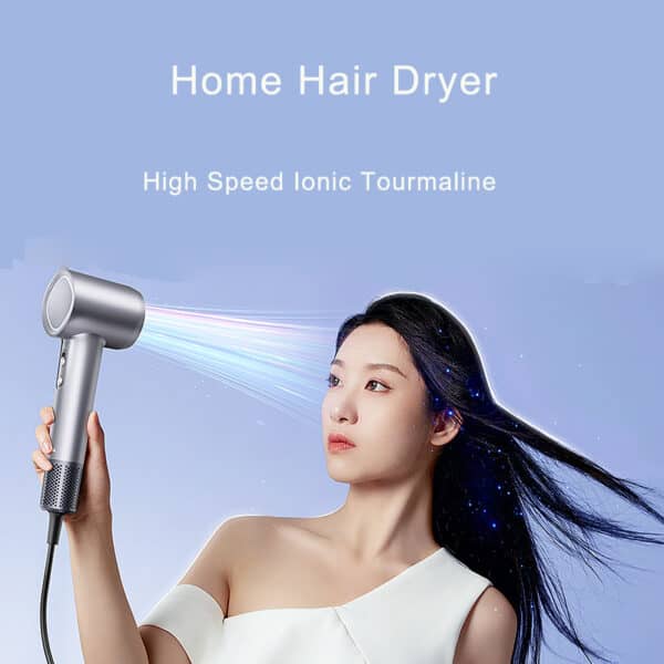 Chinese girl blows hair with high speed hair dryer