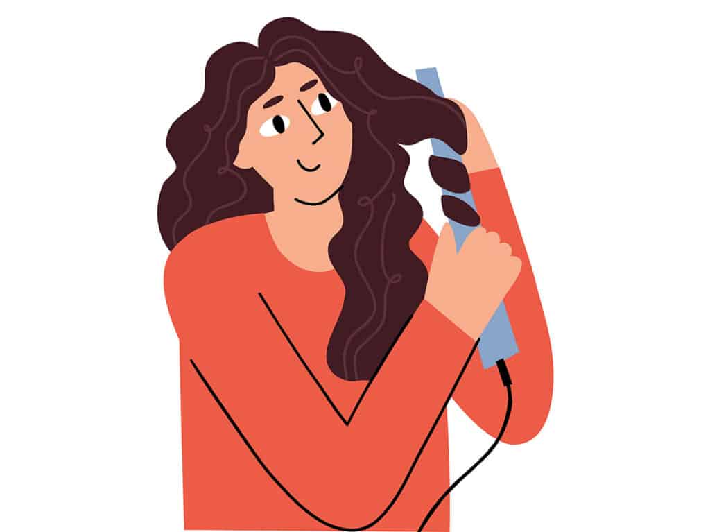 a girl in red clothes curls hair with multi-in-one hair dryer brush